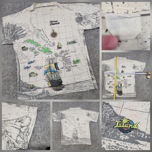 VTG 90s Mens L Large Map Sailing Pirate AOP All Over Print Single Stitch T Shirt